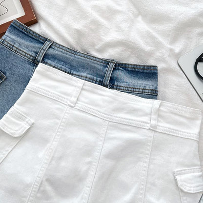 High Waist Panel Mini Denim Cargo Skort