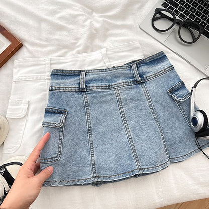High Waist Panel Mini Denim Cargo Skort