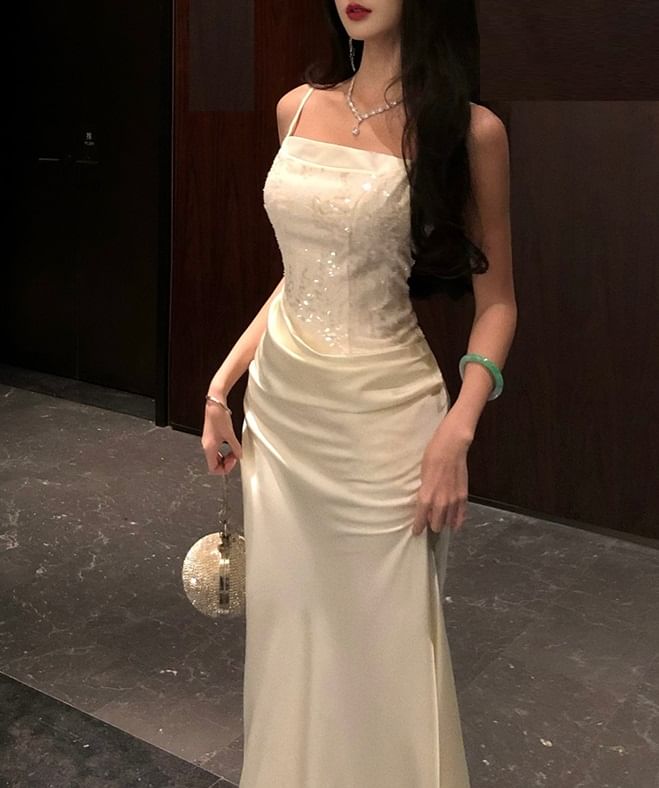 Spaghetti Strap Plain Sequin Satin Sheath Evening Gown