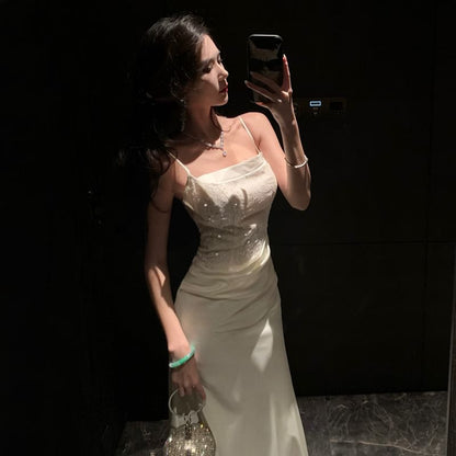 Spaghetti Strap Plain Sequin Satin Sheath Evening Gown