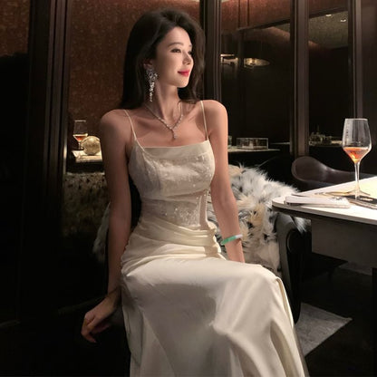 Spaghetti Strap Plain Sequin Satin Sheath Evening Gown