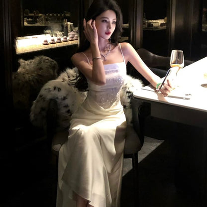 Spaghetti Strap Plain Sequin Satin Sheath Evening Gown