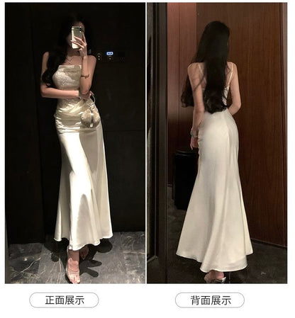 Spaghetti Strap Plain Sequin Satin Sheath Evening Gown