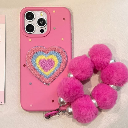 Heart Embroidered Phone Case / Pom Pom Strap / Set