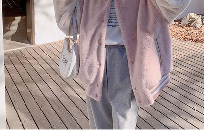 Two-Tone Fluffy Button-Up Baseball Jacket