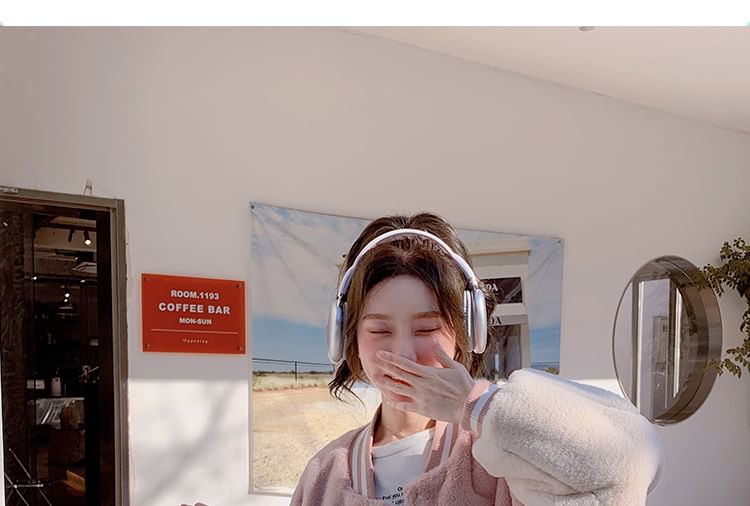 Two-Tone Fluffy Button-Up Baseball Jacket