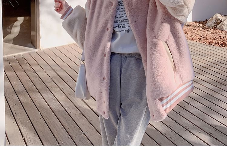 Two-Tone Fluffy Button-Up Baseball Jacket