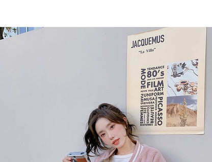 Two-Tone Fluffy Button-Up Baseball Jacket