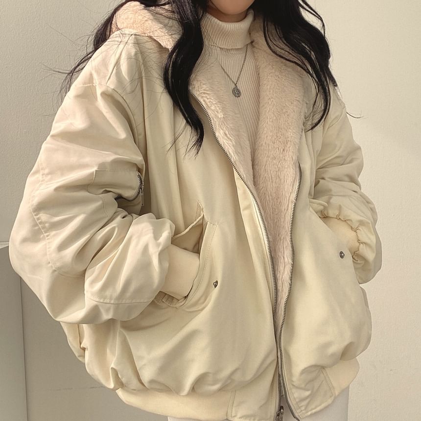 Plain Fluffy Hooded Button-Up Jacket