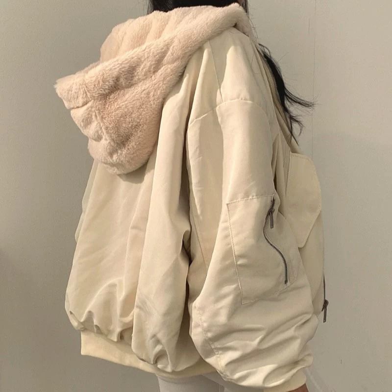 Plain Fluffy Hooded Button-Up Jacket