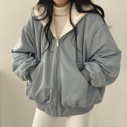 Plain Fluffy Hooded Button-Up Jacket
