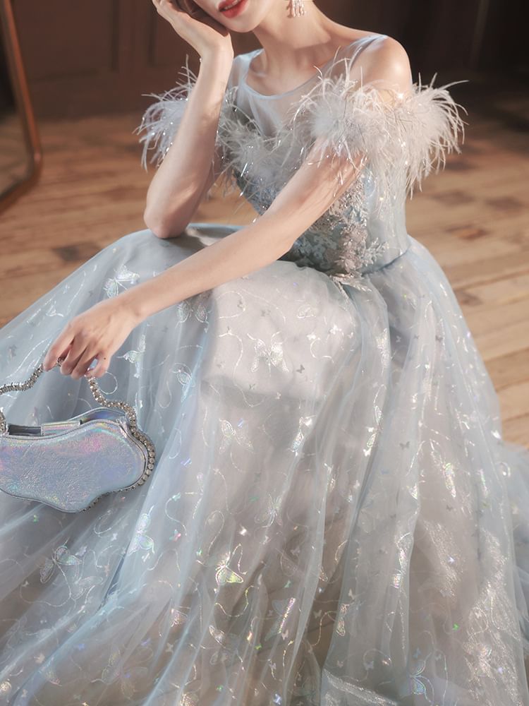 Evening Gown Cold-Shoulder Flower Print Butterfly A-Line Embroidered