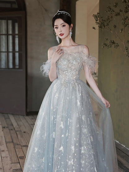 Cold-Shoulder Butterfly Print Flower Embroidered A-Line Evening Gown