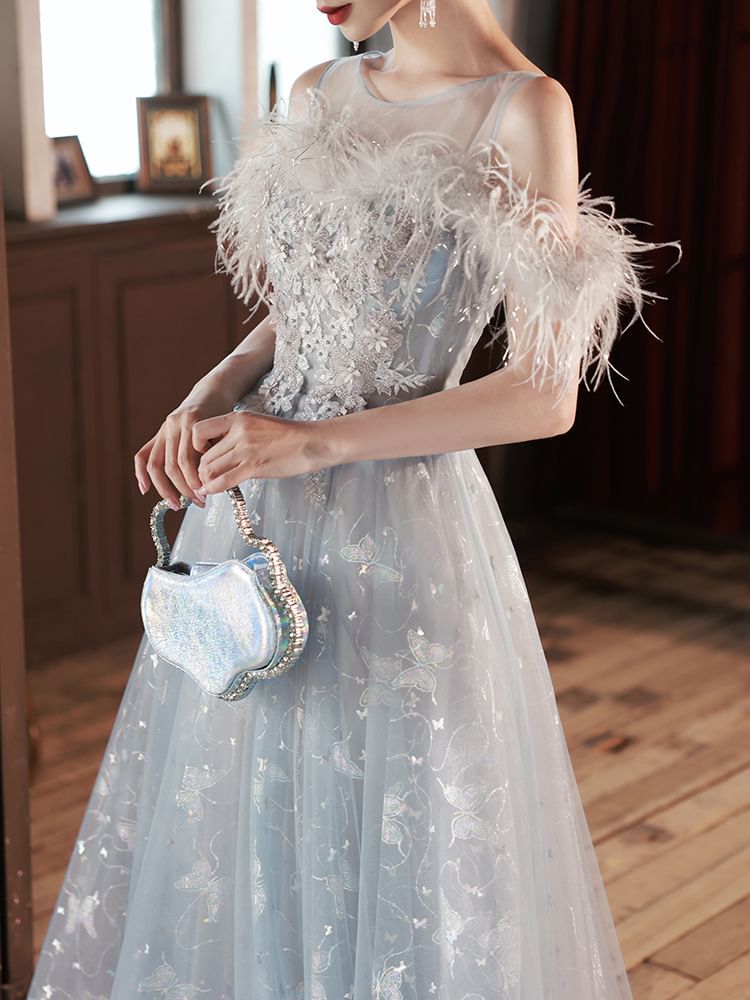 Cold-Shoulder Butterfly Print Flower Embroidered A-Line Evening Gown