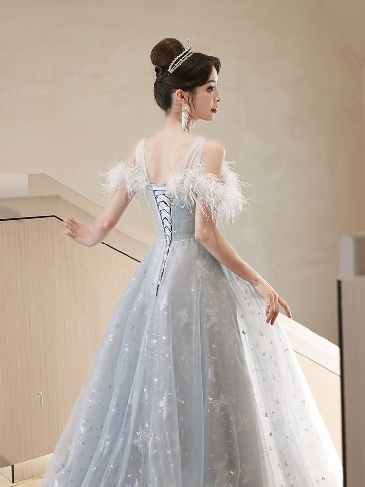 Cold-Shoulder Butterfly Print Flower Embroidered A-Line Evening Gown