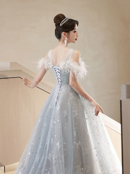 Cold-Shoulder Butterfly Print Flower Embroidered A-Line Evening Gown