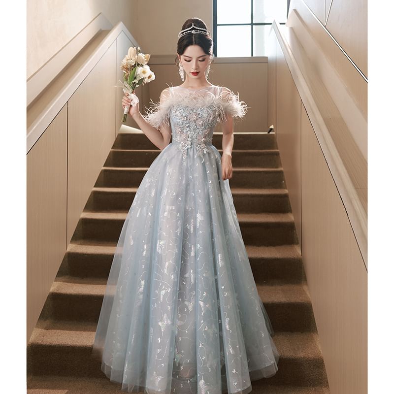 Butterfly Evening Gown A-Line Cold-Shoulder Embroidered Flower Print