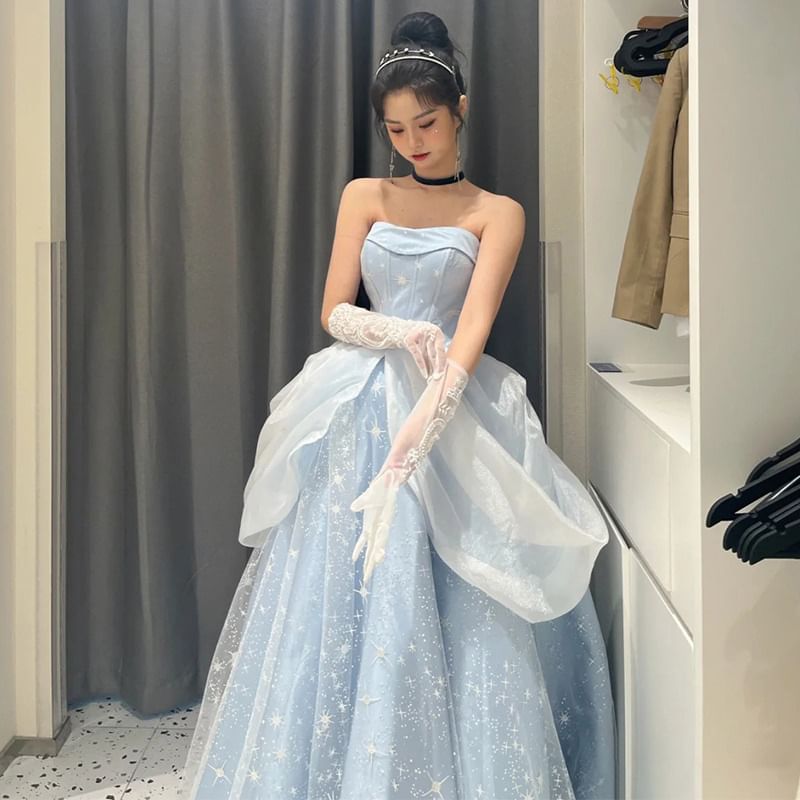 Strapless Star Print A-Line Ball Gown / Puff-Sleeve Ball Gown / Petticoat Skirt / Set