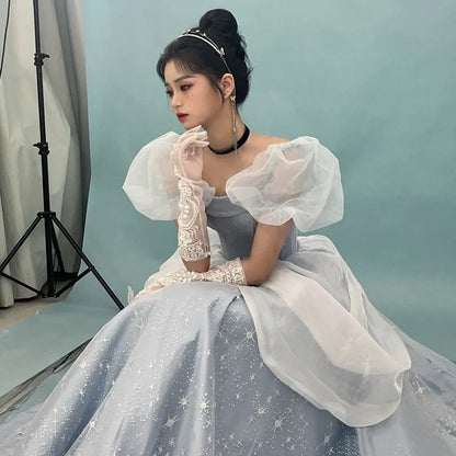 Strapless Star Print A-Line Ball Gown / Puff-Sleeve Ball Gown / Petticoat Skirt / Set