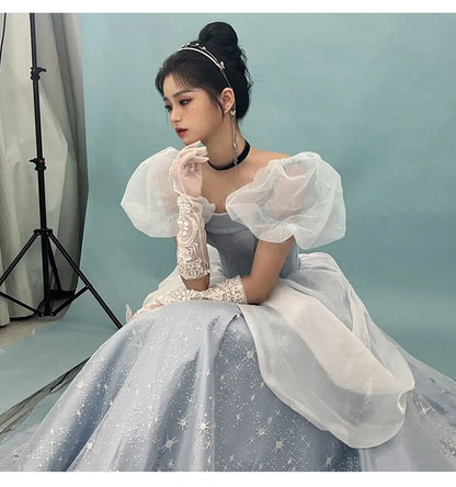 Strapless Star Print A-Line Ball Gown / Puff-Sleeve Ball Gown / Petticoat Skirt / Set
