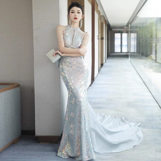Halter Sequin Strappy Bow Back Mermaid Evening Gown