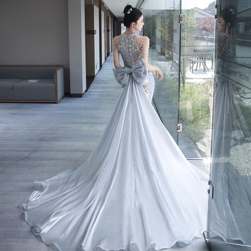 Halter Sequin Strappy Bow Back Mermaid Evening Gown
