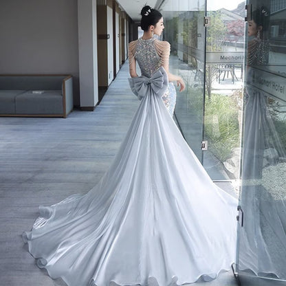 Halter Sequin Strappy Bow Back Mermaid Evening Gown