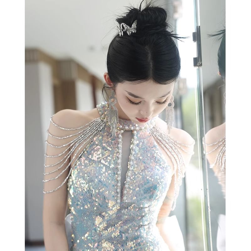 Halter Sequin Strappy Bow Back Mermaid Evening Gown