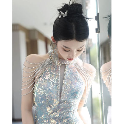 Halter Sequin Strappy Bow Back Mermaid Evening Gown