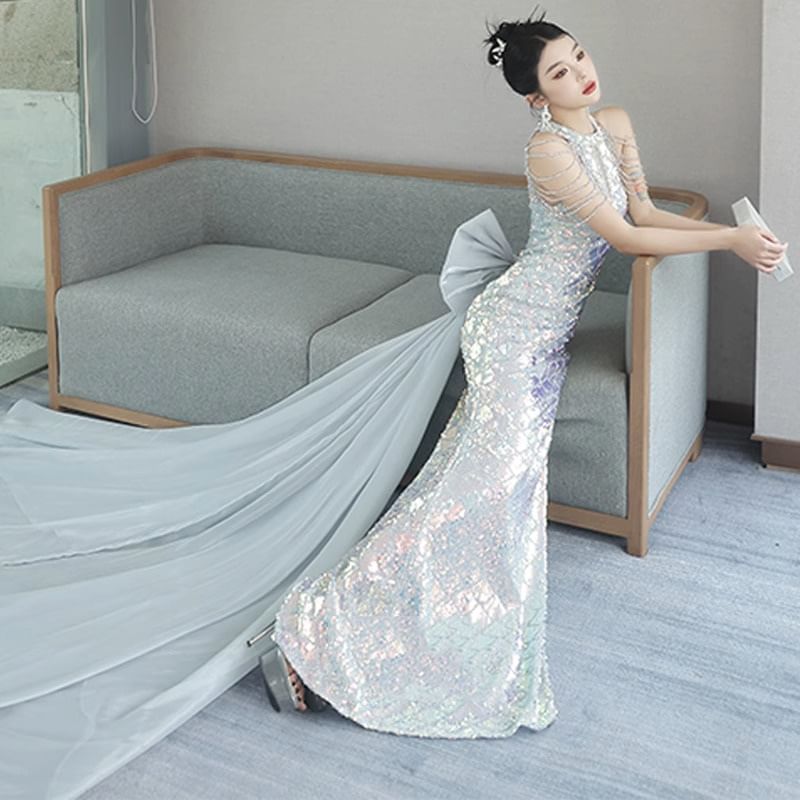 Halter Sequin Strappy Bow Back Mermaid Evening Gown