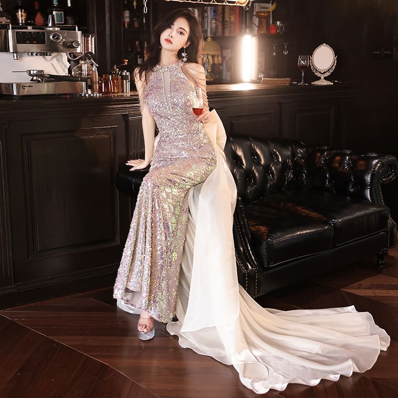 Halter Sequin Strappy Bow Back Mermaid Evening Gown