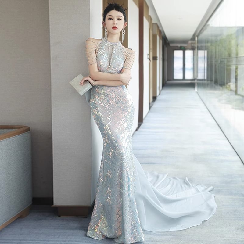 Halter Sequin Strappy Bow Back Mermaid Evening Gown