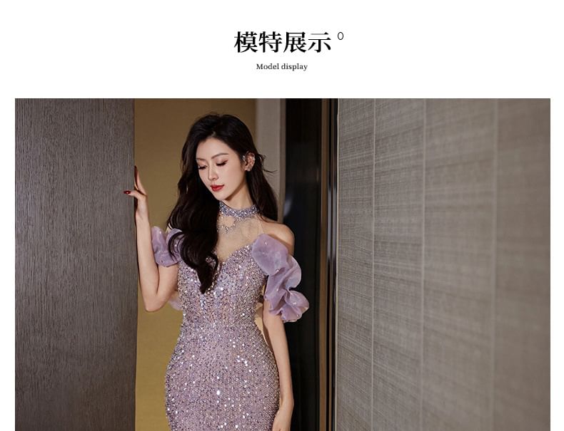 Cold-Shoulder Sequin Ruffle Trumpet Evening Gown