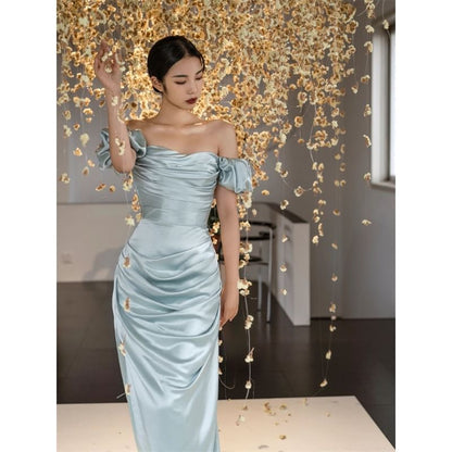 Puff-Sleeve Off-Shoulder Plain Ruched Side-Slit Sheath Evening Gown