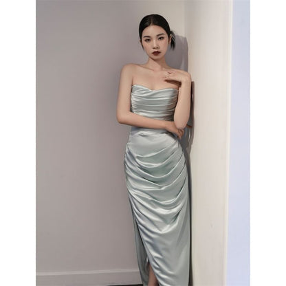 Puff-Sleeve Off-Shoulder Plain Ruched Side-Slit Sheath Evening Gown