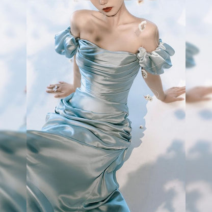 Puff-Sleeve Off-Shoulder Plain Ruched Side-Slit Sheath Evening Gown