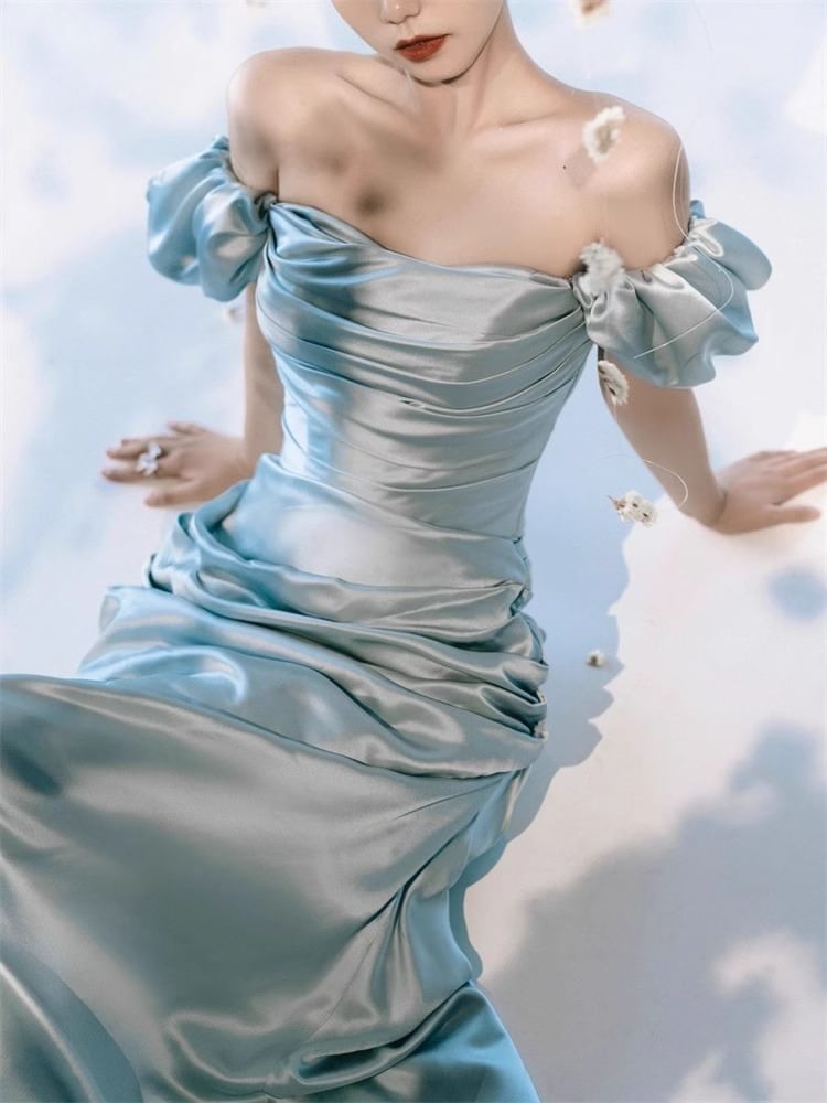 Puff-Sleeve Off-Shoulder Plain Ruched Side-Slit Sheath Evening Gown