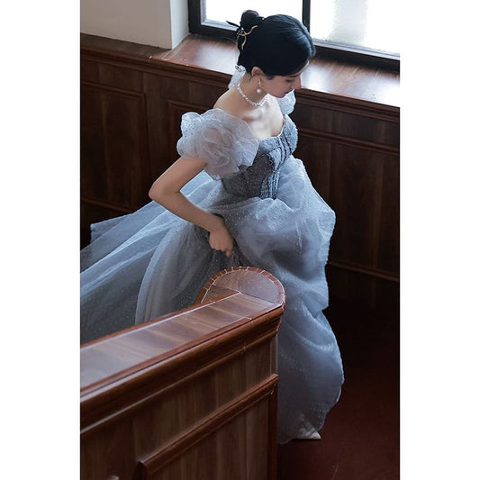 Puff-Sleeve Dotted A-Line Evening Gown