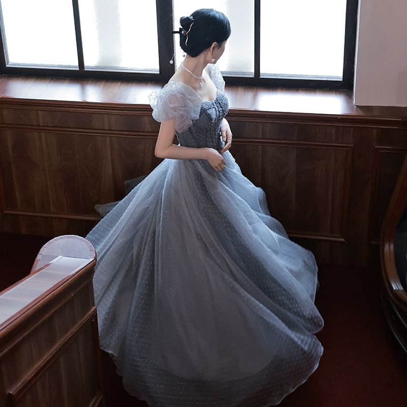 Puff-Sleeve Dotted A-Line Evening Gown