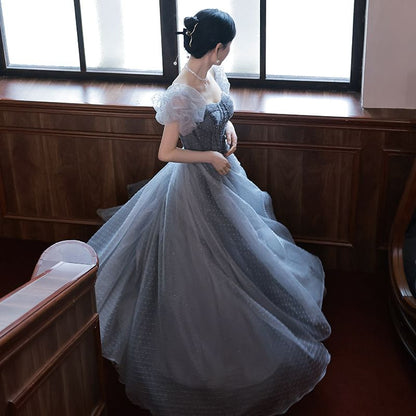 Puff-Sleeve Dotted A-Line Evening Gown