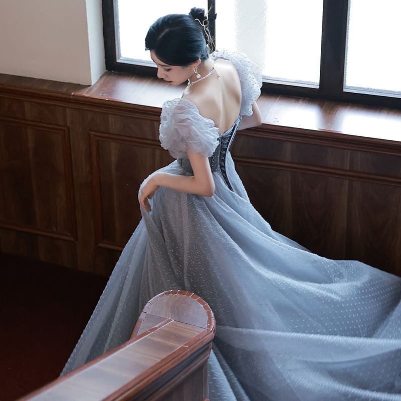 Puff-Sleeve Dotted A-Line Evening Gown