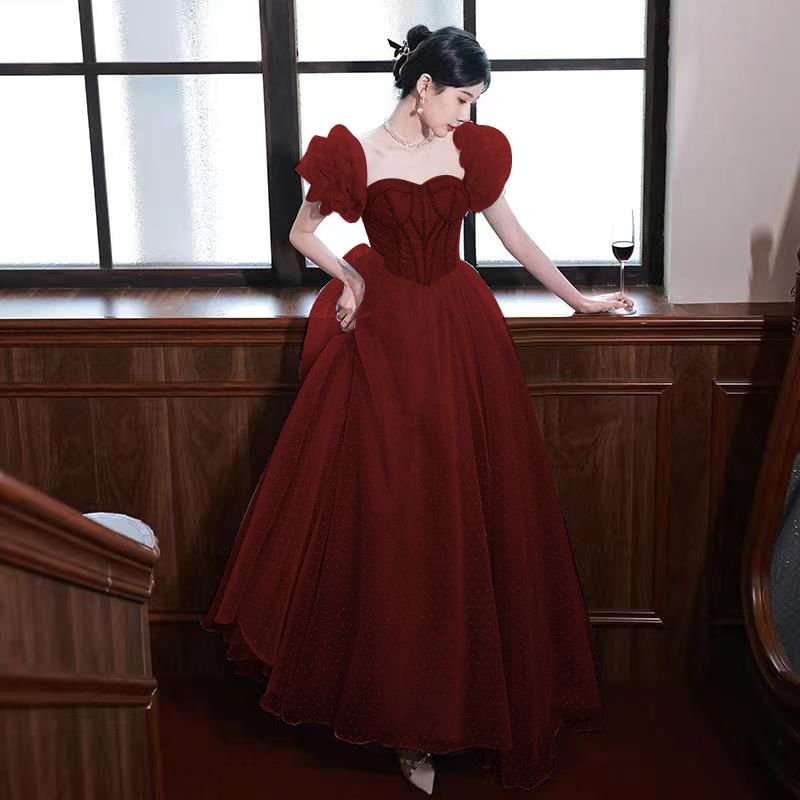 Puff-Sleeve Dotted A-Line Evening Gown