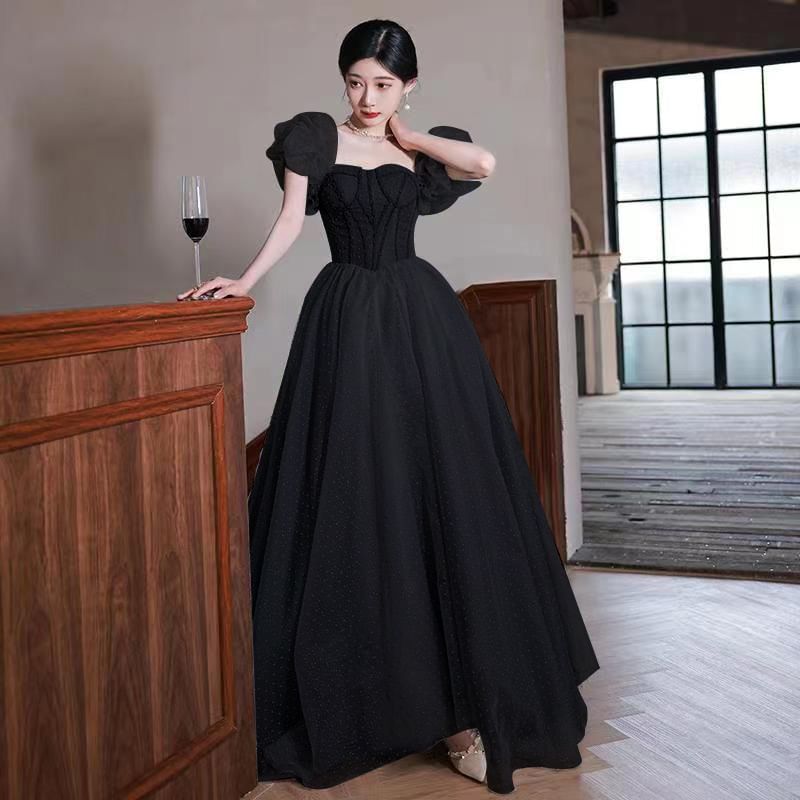 Puff-Sleeve Dotted A-Line Evening Gown