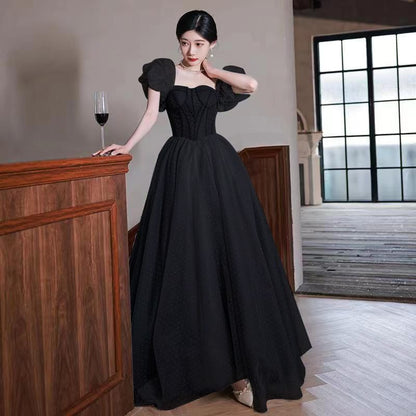 Puff-Sleeve Dotted A-Line Evening Gown