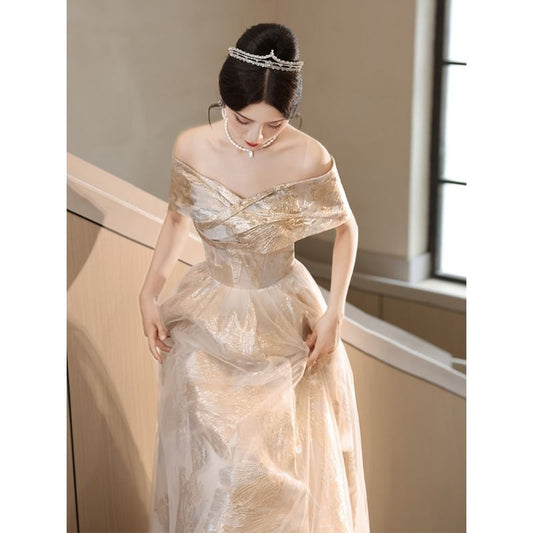 Off-Shoulder Floral A-Line Evening Gown