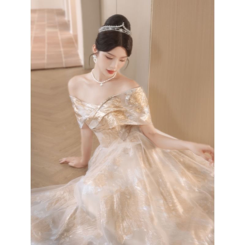 Off-Shoulder Floral A-Line Evening Gown