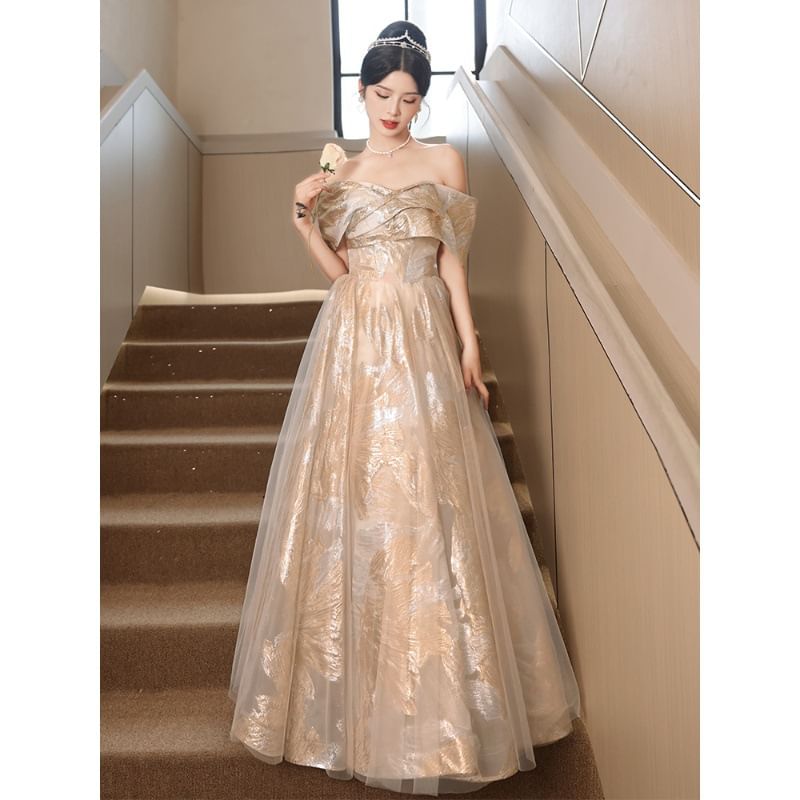 Off-Shoulder Floral A-Line Evening Gown