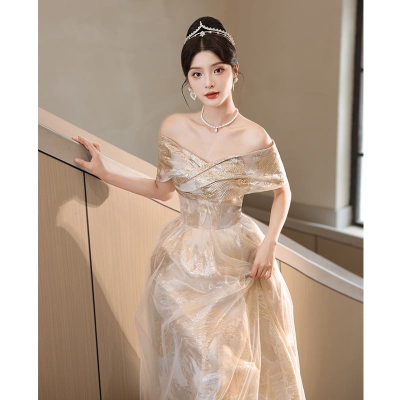 Off-Shoulder Floral A-Line Evening Gown