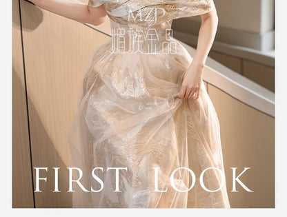 Off-Shoulder Floral A-Line Evening Gown