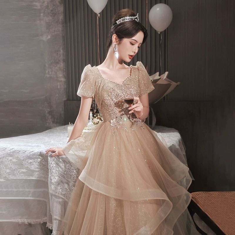 Puff-Sleeve Sequin Evening A-Line Flower Embroidered Ruffle Gown